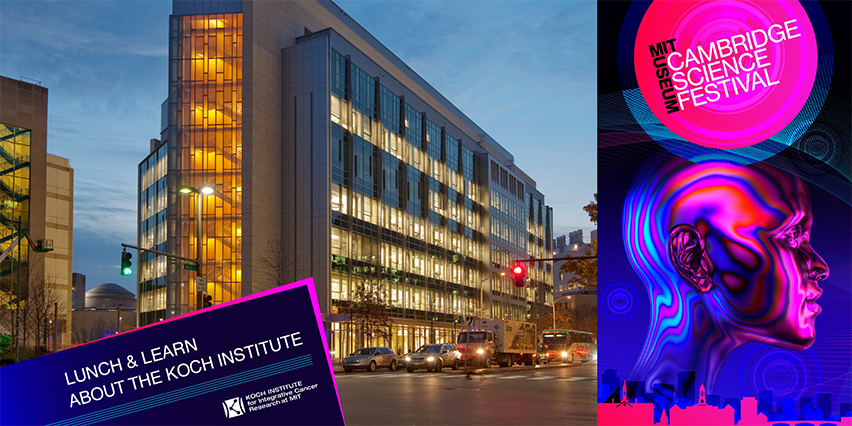 A photo of the Koch Institute building at dusk with the CSF logo and a graphic of a pink and blue futuristic head