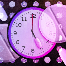 pink and purple clock against a grid of pills