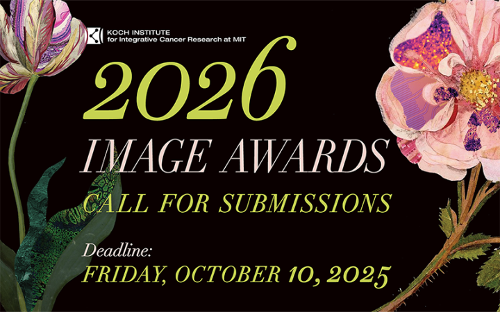 Black poster with pink flowers and the text 2026 Image Awards Call for Submissions Deadline Friday, October 10, 2025. The text Koch Center for Integrative Research appears in a small font in the upper left hand corner. 