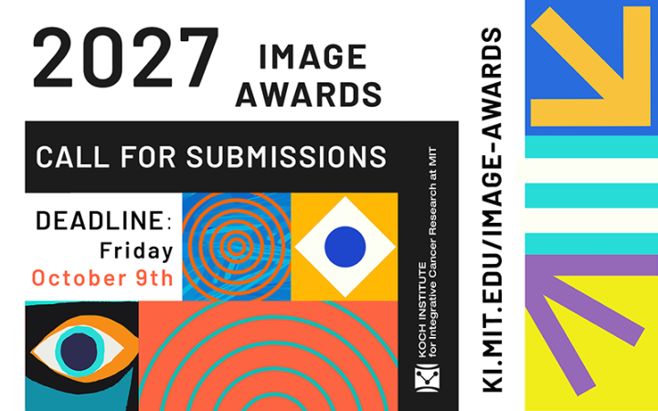 2027 Image Awards call for submissions; deadline Friday, October 9th. Abstract designs and event info featured. Hosted by MIT Koch Institute. Website: ki.mit.edu/image-awards.