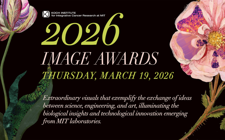 Black background with pink and purple flowers, event date