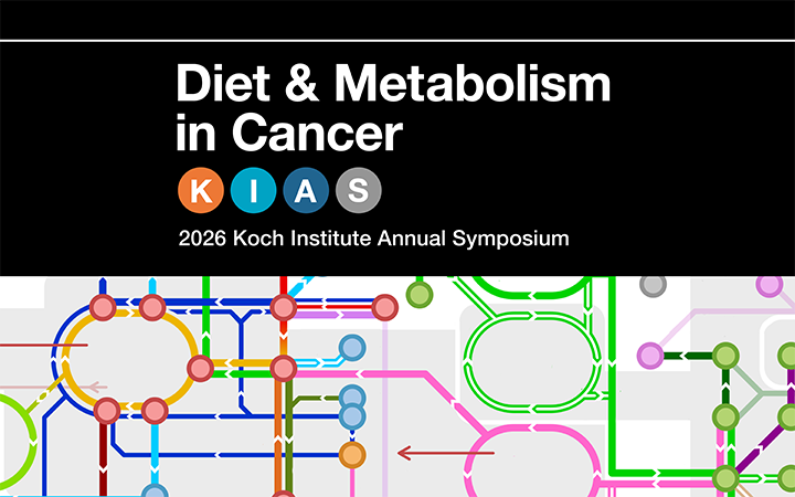 Colorful simulation of a subway map with a black banner and white text that says Diet & Metabolism in Cancer and colorful circles reminiscent of New York City Subway system font that spell out KIAS - below the circles the text 2026 Koch Institute Annual Symposium appears in white font. 