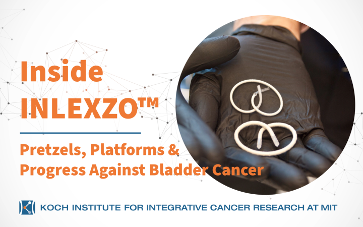 Event title, pretzel shaped tube in black gloved hand