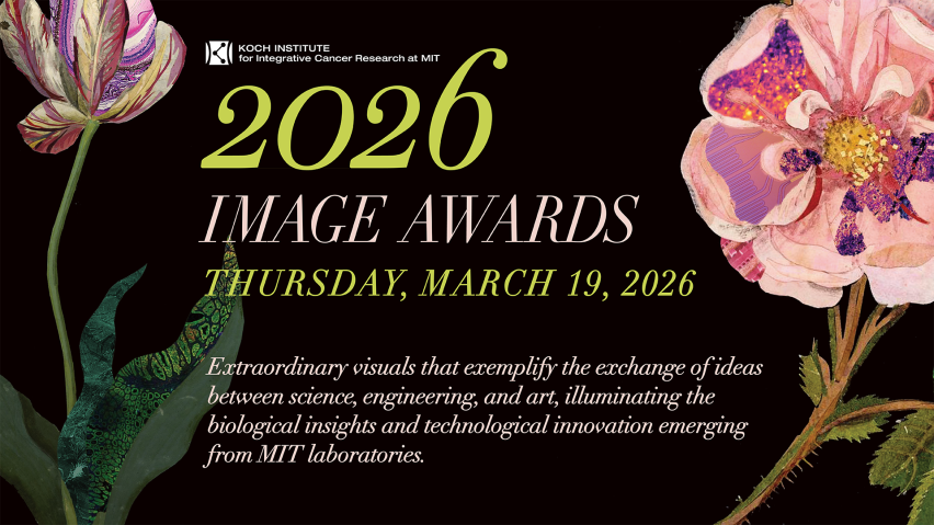 Pink flowers over black background with date and title