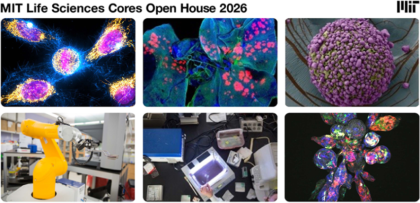 mosaic of images, including fluorescent-stained cells and lung tissue, electron micrograph of a nanoparticle, and lab equipment