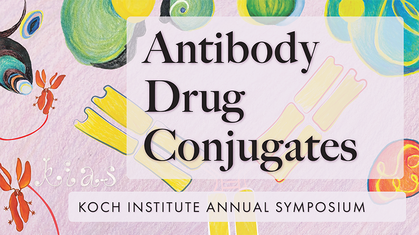 Event poster with an illustration large yellow antibody, surrounded by multicolor organic shapes that evoke cells and antibodies