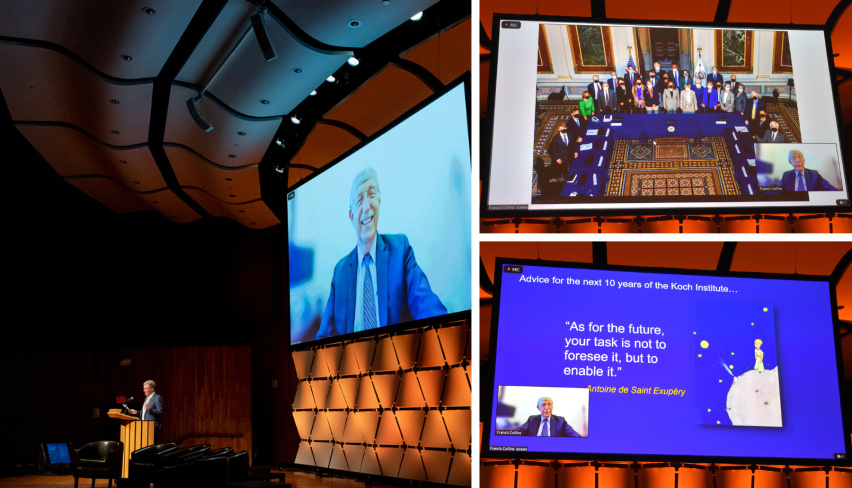 Photo collage of Francis Collins on screen and two of his slides.