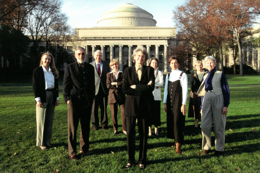 Nancy Hopkins and several of her colleagues standing in front of the MIT dome