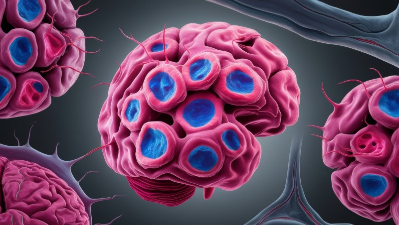 pink and blue illustration of glioblastoma cells in the brain