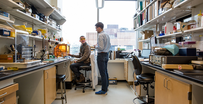 two men converse at the far end of lab bay