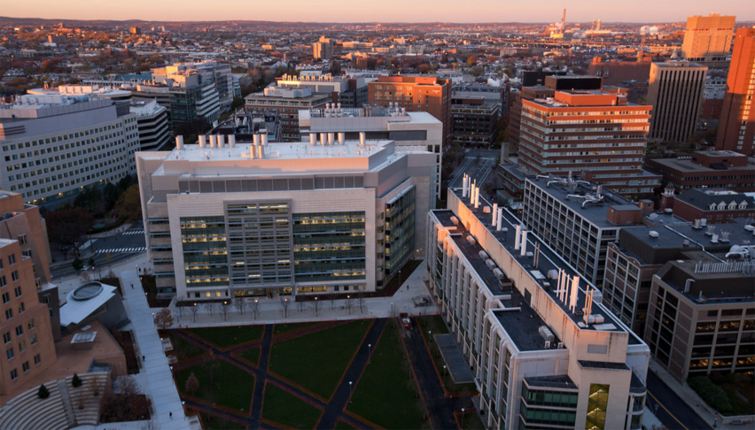 aerial view of the Koch Institute building and Kendall Square