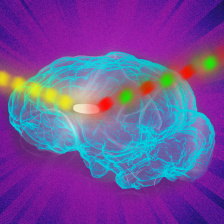 illustration of a brain with yellow, red, and green beams of light