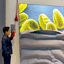 A man pulls a cord, dropping a drape covering an electron micrograph of pollen grains