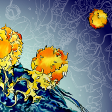 Illustration of two spherical T cells with tendrils attaching to a cancer cell. A sketch of the STING molecule fills the background.