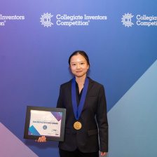 Linzixuan (Rhoda) Zhang holding the medal she won in the 2024 Collegiate Inventors Competition 