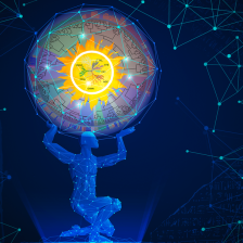 Like Atlas holding up the world, a kneeling blue humanlike figure holds up a sphere with a sun radiating multicolored branches with different kinase groups. The figure, sphere, and background are overlaid with dot-and-line networks and pieces of Rosetta stone text in Greek and Egyptian.