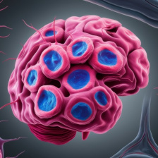 Pink and blue illustration of glioblastoma cells in the brain