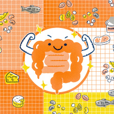 A cute intestine smiles while surrounded by foods like cheese, meat, and nuts.
