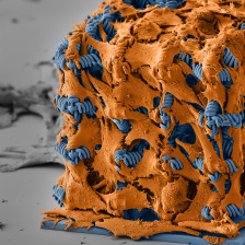 The forefront has an orange cube with blue coils coming out, gray background