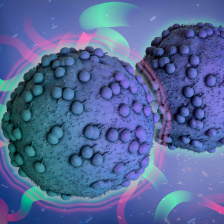 Two tumor cells, one with forcefield. two blue spheres with green and purple spheres on them