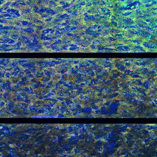 Abstract image featuring layered patterns in vibrant blues and greens, with textured speckling. Dark horizontal lines divide sections, creating a mosaic effect.