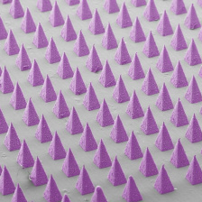 Rows of purple triangles with depicting peptide-coated microneedle patches for immune cell monitoring and modulation.