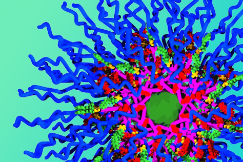 drawing of a nanoparticle bearing three drug molecules