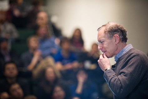 Langer addressing a lecture hall