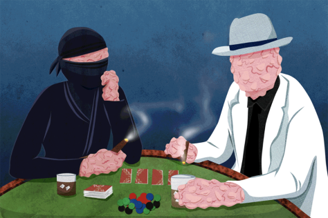 illustration of a tumor/ninja playing poker with a 1940s-style gangster
