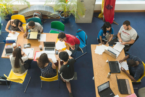 overhead view of several students at desks
