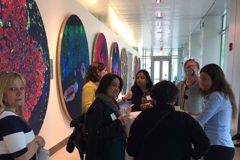 a group of women networking in the Koch Institute galleries