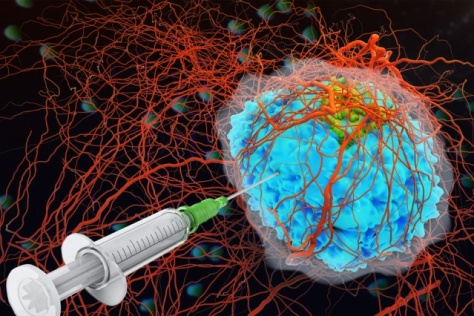 rendering of syringe injecting a cell covered in proteins