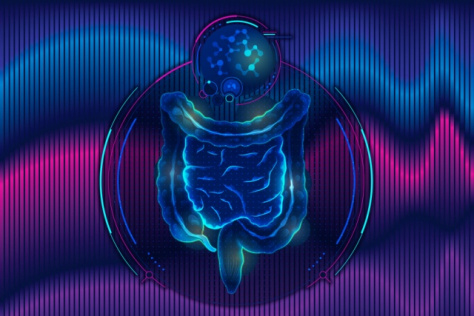 illustration of the gastrointestinal tract, molecules, with pink and blue wave renderings behind them