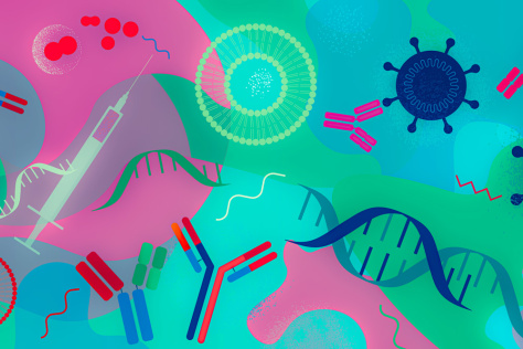 illustration of overlapping viruses, syringes, DNA