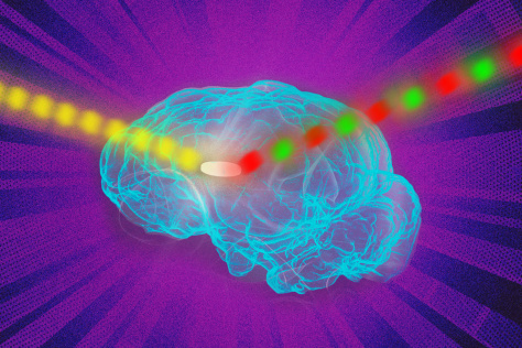 illustration of a brain with yellow, red, and green beams of light