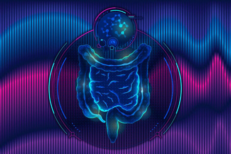 illustration  of a GI tract with a background of sound waves
