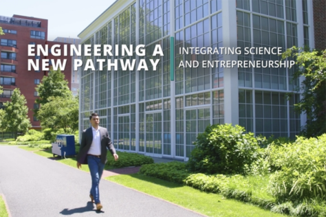 Greg Ekchian striding by a Harvard building with the title "Engineering a new pathway: Integrating science and entrepreneurship"