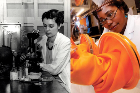 Two photos, a black and white image of a woman at a microscope and a color image of a woman at a glovebox