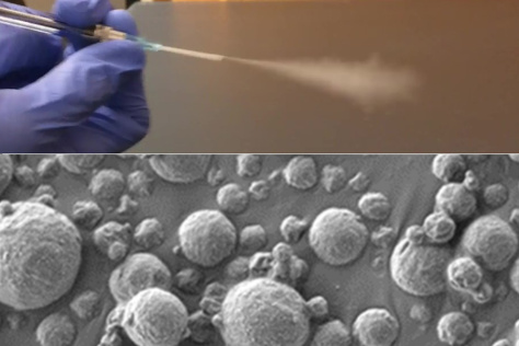 Top half shows a small tube emitting a cloudy spray. At bottom, a scanning electron micrograph shows a cluster of spherical nanoparticles.