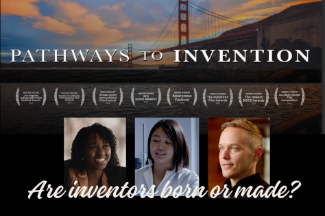 Against a photo of a bridge over some water, the words “Pathways to Invention and “Are inventors born or made?” appears along headshot photos of two women and a man. 8 small film laurels also appear.