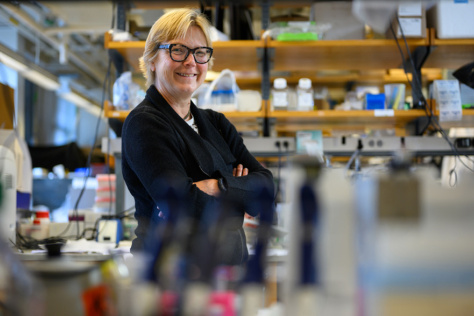 Photo of Linda Griffith, wearing a black blazer, in her laboratory