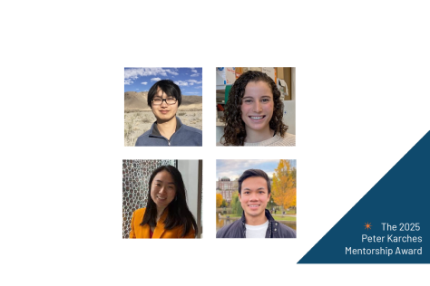 Four portrait photos of the 2025 Karches Prize Winners, pictured from left to right: Fangtao Chi, Emma Dawson, Amy Lee, and Richard Van and the text The 2025 Peter Karches Memorial Award