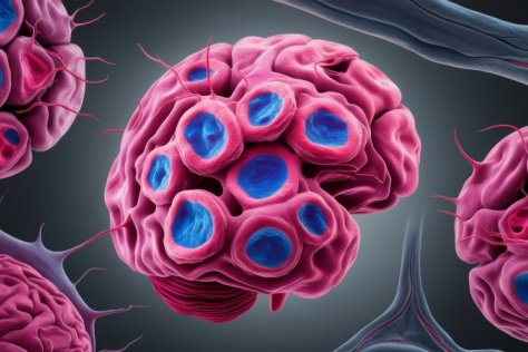 Pink and blue illustration of glioblastoma cells in the brain