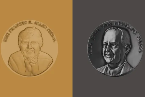 Two side by side photos of award medals