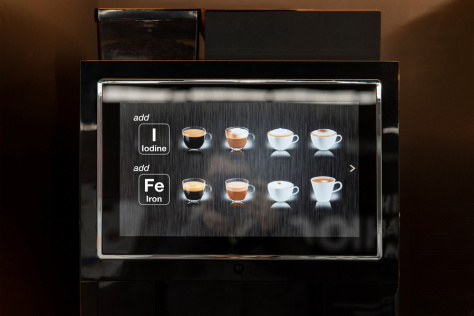Image featuring coffee cup icons and the text add I Iodine and add Fe Iron.