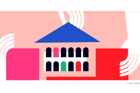 Colorful graphic depicting a college campus