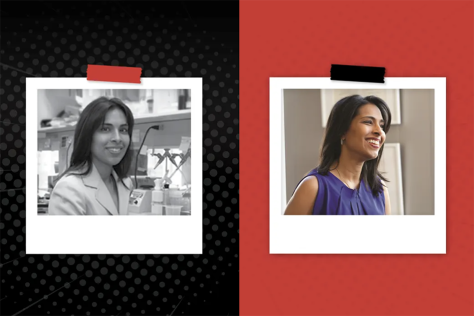 Side-by-side photos of Sangeeta Bhatia, one black and white and one in color