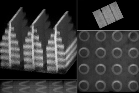 3D photonic devices with nanoscale features in a variety of shapes including helices and a shape inspired by the wing of a butterfly.      