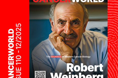 Cover of Cancer World magazine featuring a bright red background and featuring photo of Robert Weinberg and the following text: Cancer World. The Architect of Modern Cancer Biology Robert Weinberg. Cancer World Issue 110 - 12/20/2025 and a QR code.  There is small print at the top that reads: #110 - 12/2025 ISBN 203609468