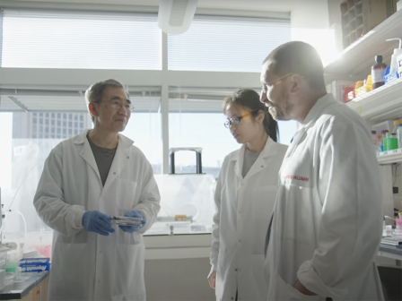 Three scientists talk together in a sunlit lab